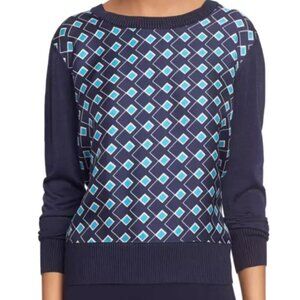 Diane Von Furstenberg Orla Woven Knit Navy Geometric Silk Crewneck Women Petite